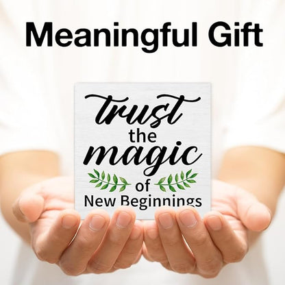Inspirational Desk Decor New Beginnings Gift for Women Men, Rustic Trust the Magic of New Beginnings Wooden Sign Decorations for Home Office Desk Shelf Table 5 x 5 Inches