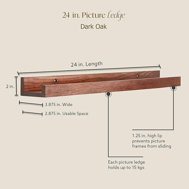 Opposite Wall 24 in Dark Oak Wood Wall Mounted Floating Picture Ledge Shelf | Minimalist, Ideal for Bedroom, Kitchen, Bathroom, Office, Easy Installation, Mounting Hardware Included