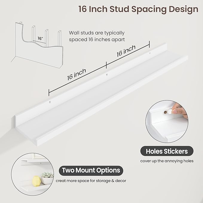 Axeman 40 Inch Floating Shelves | White Picture Ledge Shelf Set of 3 | Rustic Wood Wall Shelves with Lip | 40" White Picture Shelf for Wall with Ledge | Photo Shelves