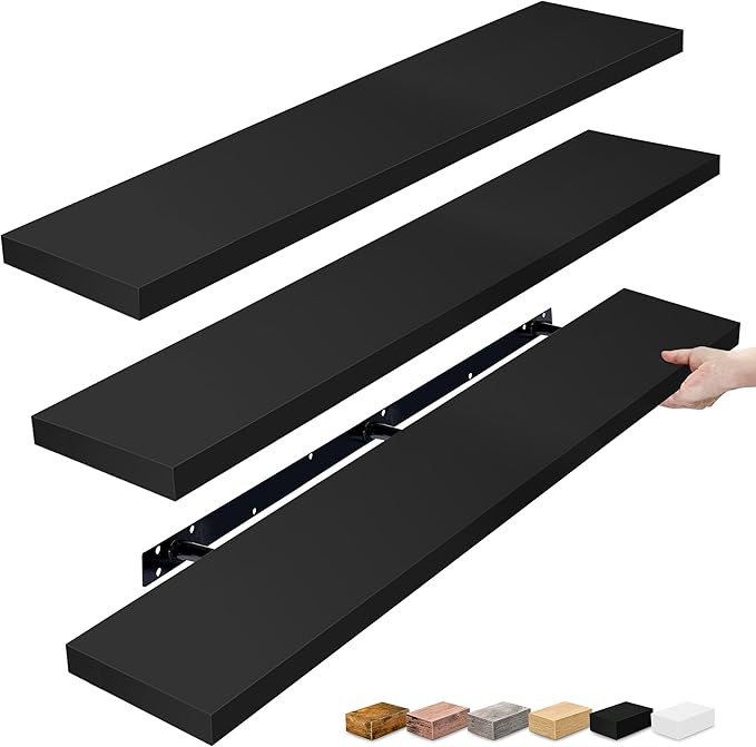 Sorbus Floating Shelves for Wall - 55 Inch Extra-Long Bathroom Shelves, Wall Decor for Bedroom, Kitchen, Living Room, Book Storage - Mounted Floating Shelf with Hidden Brackets (Black, 3 Pack)