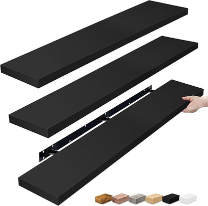 Sorbus Floating Shelves for Wall - 55 Inch Extra-Long Bathroom Shelves, Wall Decor for Bedroom, Kitchen, Living Room, Book Storage - Mounted Floating Shelf with Hidden Brackets (Black, 3 Pack)