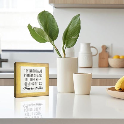Home Kitchen Decor, Funny Margaritas Sign, Trying to Make Protein Shakes but They Keep Coming Out as Margaritas, Box Wood Desk Sign, Kitchen Bar and Wine Bar Decoration A