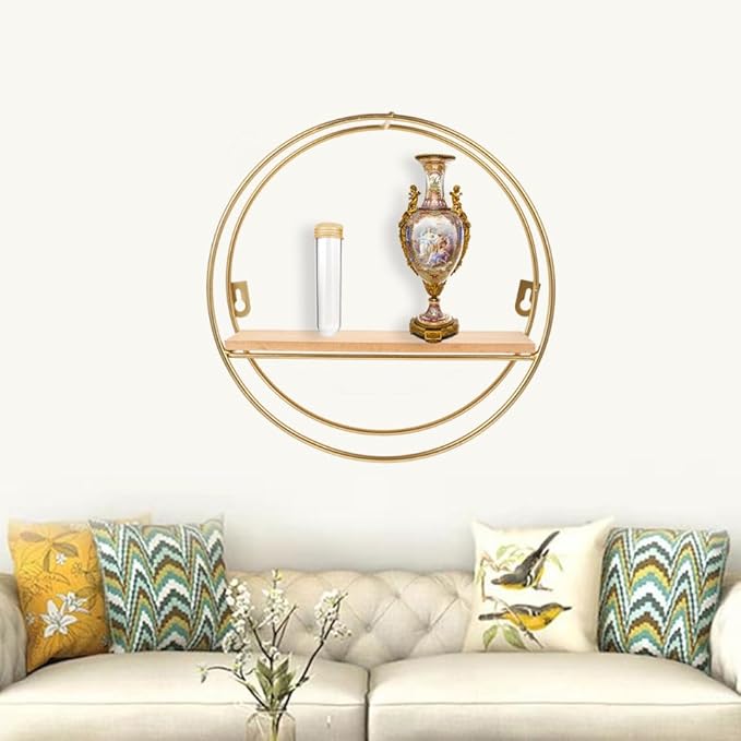 ABOOFAN Round Wall Floating Shelves, 10'' Small Gold Metal Wire Geometric Circle Organizer Wall Shelf, Space-Saving Decorative Display Floating Rack for Living Room, Office