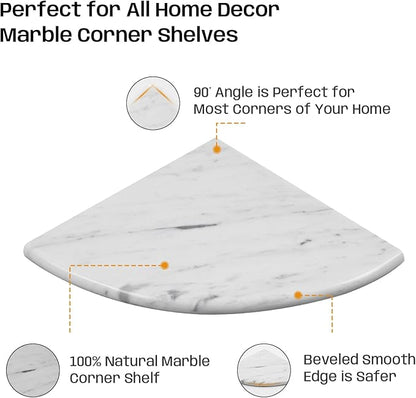 Marble Corner Shower Shelf, 9 Inch Carrara White Marble Corner Shelf for Bathroom Shower Decor, Wall Mounted, Polished, 2 Pcs
