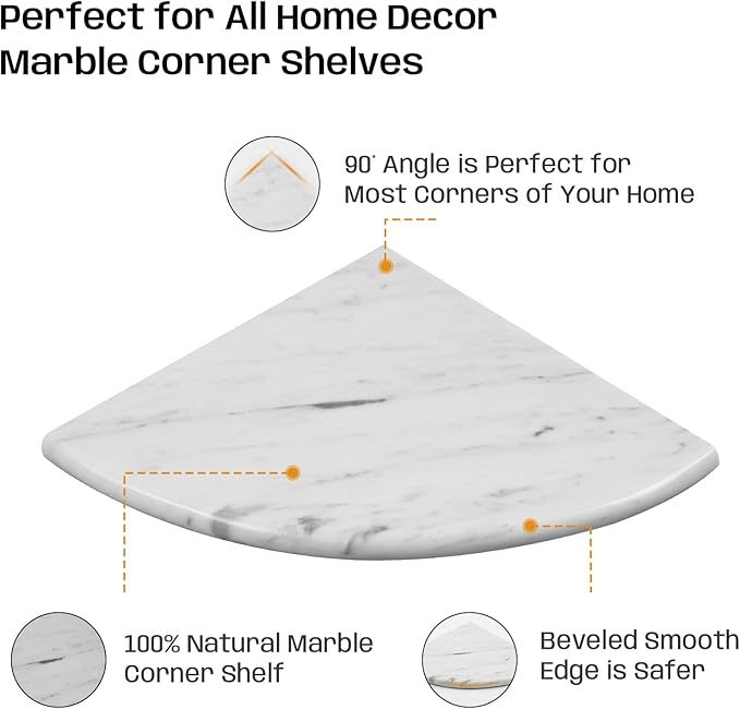 Marble Corner Shower Shelf, 9 Inch Carrara White Marble Corner Shelf for Bathroom Shower Decor, Wall Mounted, Polished, 2 Pcs