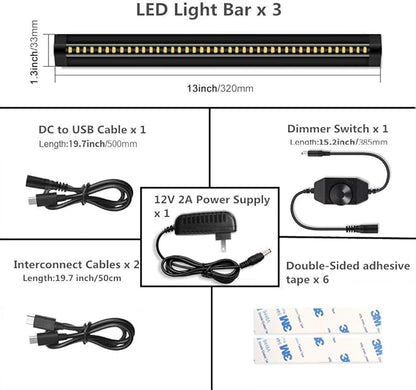 inShareplus 3 Pack 13 inch LED Under Cabinet Lighting, Dimmable, Natural White 4500K, CRI90+, 450Lumens, DC 12V Ultra Thin Under Counter Kitchen Lighting for Kitchen, Shelf, Cupboard, Black