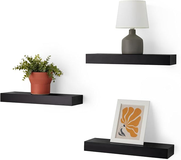Amazon Basics Wood Floating Wall Shelves, 3-Pack, Black, 15.8" x 5" x 1.8"