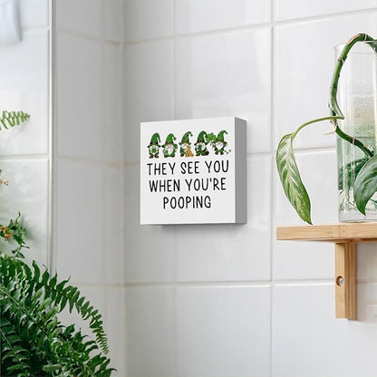 St Patricks Day Decor Funny Bathroom Shamrock Decor Green Gnome Would Poop Here Again Wood Sign Funny Home Tabletop Shelf Desk Decor 5 X 5 Inches