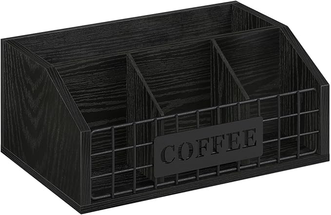 YINMIT Coffee Station Organizer for Countertop, Wood Coffee Bar Organizer with Removable Dividers for Pods, Syrup, Cups, Stirrer, Tea - Office Bar Accessories, Iron Wire-Black