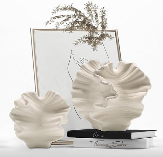 Ceramic Vase - Set of 2 for Home Decor,White Flower Shape Pampas Vases Minimalist Nordic Boho Style for Modern Farmhouse Decor, Living Room、 Kitchen、Mantle、Bedroom、Dining Table、Office