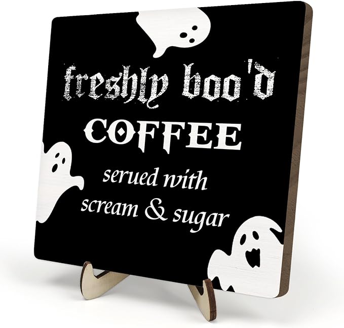Freshly Boo'd Coffee Wood Sign, Halloween Coffee Bar Decor, Scream Sugar Spooky Season Haunted House Signs Ghosts Fall Shelf Sitter Kitchen Rustic Farmhouse Home Decor Wooden Plaque Sign