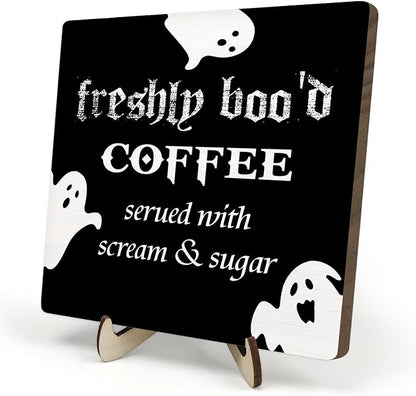 Freshly Boo'd Coffee Wood Sign, Halloween Coffee Bar Decor, Scream Sugar Spooky Season Haunted House Signs Ghosts Fall Shelf Sitter Kitchen Rustic Farmhouse Home Decor Wooden Plaque Sign