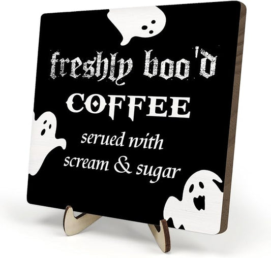 Freshly Boo'd Coffee Wood Sign, Halloween Coffee Bar Decor, Scream Sugar Spooky Season Haunted House Signs Ghosts Fall Shelf Sitter Kitchen Rustic Farmhouse Home Decor Wooden Plaque Sign