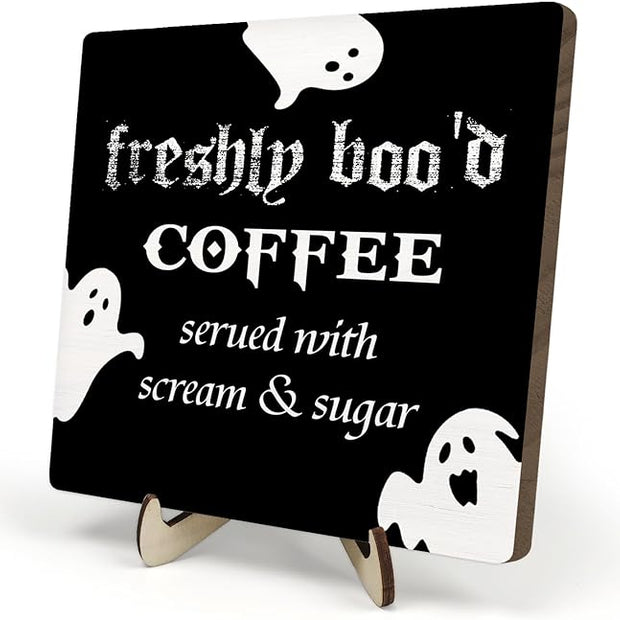 Freshly Boo'd Coffee Wood Sign, Halloween Coffee Bar Decor, Scream Sugar Spooky Season Haunted House Signs Ghosts Fall Shelf Sitter Kitchen Rustic Farmhouse Home Decor Wooden Plaque Sign