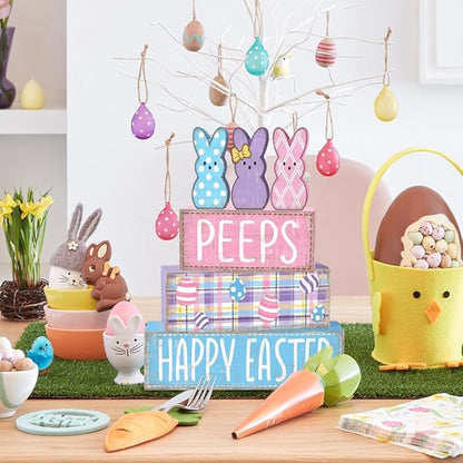 DIYDEC 6Pcs Easter Tabletop Decorations Colorful Bunny Wooden Block Signs Gift Rustic Tiered Tray Decor Happy Easter Centerpiece Farmhouse Wood Rabbit Table Sign for Kitchen Home Office Party Decor