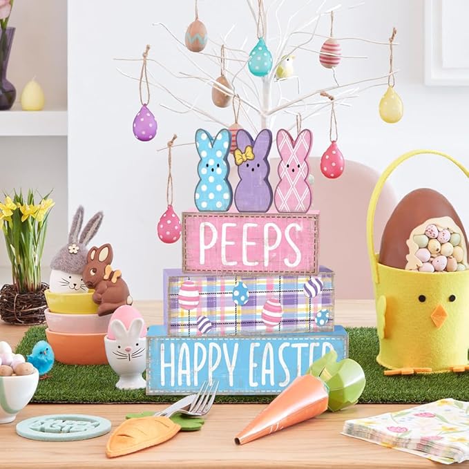 DIYDEC 6Pcs Easter Tabletop Decorations Colorful Bunny Wooden Block Signs Gift Rustic Tiered Tray Decor Happy Easter Centerpiece Farmhouse Wood Rabbit Table Sign for Kitchen Home Office Party Decor
