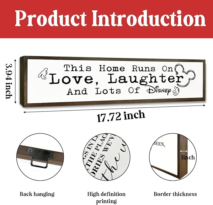 WKYAER Home Sign Decor, Rustic Table Decor, Farmhouse Wall Decoration for Homes Front Door Porch Entryway, Housewarming Gift for Disney Lover, This Home Runs On Love, Laughter and Lots of Disney Sign