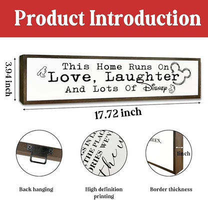 WKYAER Home Sign Decor, Rustic Table Decor, Farmhouse Wall Decoration for Homes Front Door Porch Entryway, Housewarming Gift for Disney Lover, This Home Runs On Love, Laughter and Lots of Disney Sign