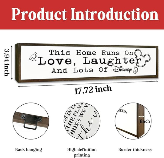 WKYAER Home Sign Decor, Rustic Table Decor, Farmhouse Wall Decoration for Homes Front Door Porch Entryway, Housewarming Gift for Disney Lover, This Home Runs On Love, Laughter and Lots of Disney Sign