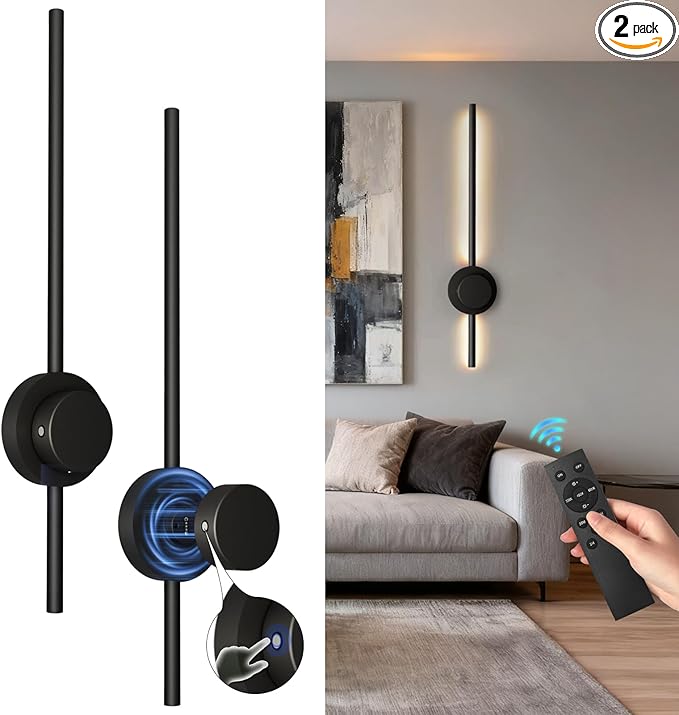 Rechargeable Wall Sconce Lights with Remote, Battery Operated Wall Lights 3 Color Temperature, Dimmable Wireless Wall Lamp Black 70CM for Living Room Bedroom Hallway 2 Pack