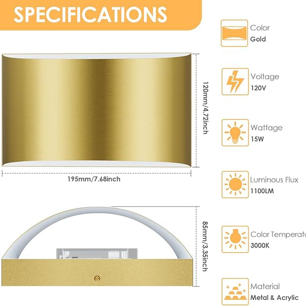 FOLKSMATE Modern LED Wall Sconces Set of 2, 3000K Warm White Up and Down Mount Light, Gold Hardwired Interior Wall Lights Lamp for Indoor Living Room Bedroom Hallway Basement Stairway