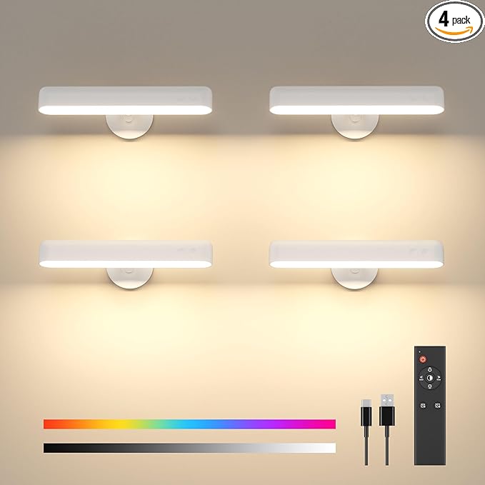 4 Pack Wall Sconces Rechargeable 7500mAh Battery Operated Wall Lights Cordless LED Wall Lamp, Touch and Remote Control, 3 Colors Wall Lamps 360° Rotate Dimmable Brightness with 15 RGB Colors