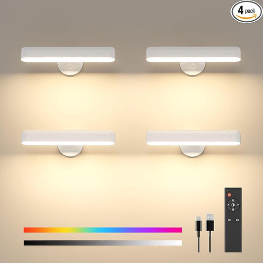 4 Pack Wall Sconces Rechargeable 7500mAh Battery Operated Wall Lights Cordless LED Wall Lamp, Touch and Remote Control, 3 Colors Wall Lamps 360° Rotate Dimmable Brightness with 15 RGB Colors
