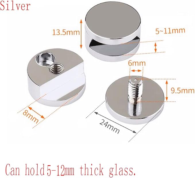 Mirror Clips, Thickened Brass Mirror Floating Glass Clip - Round Wall Mounted Mirrors Bracket/Clip -Bathroom Mirrors Supporting Sheet Mirror Fixed Fitting Silver - (4 Pcs)