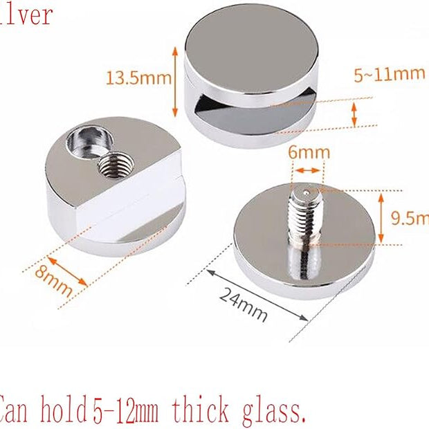 Mirror Clips, Thickened Brass Mirror Floating Glass Clip - Round Wall Mounted Mirrors Bracket/Clip -Bathroom Mirrors Supporting Sheet Mirror Fixed Fitting Silver - (4 Pcs)