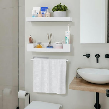 HIIMIEI Bathroom Shelves Wall Mounted: White Floating Shelf with Hand Towel Bar, 14.9in Acrylic Hanging Shelves Over Toilet, Set of 3 Bathroom Organizers Rack for Skin Care, Perfume, Lotion Storage