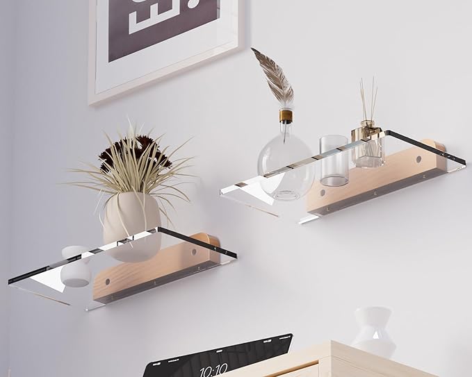 Small Acrylic Floating Shelf for Wall, Clear Acrylic Wall Shelf with Solid Wood Base, Thick Minimalist Display Shelf for Bathroom, Bedroom,Plants, Perfume, Nail Polish,Living Room & Decor