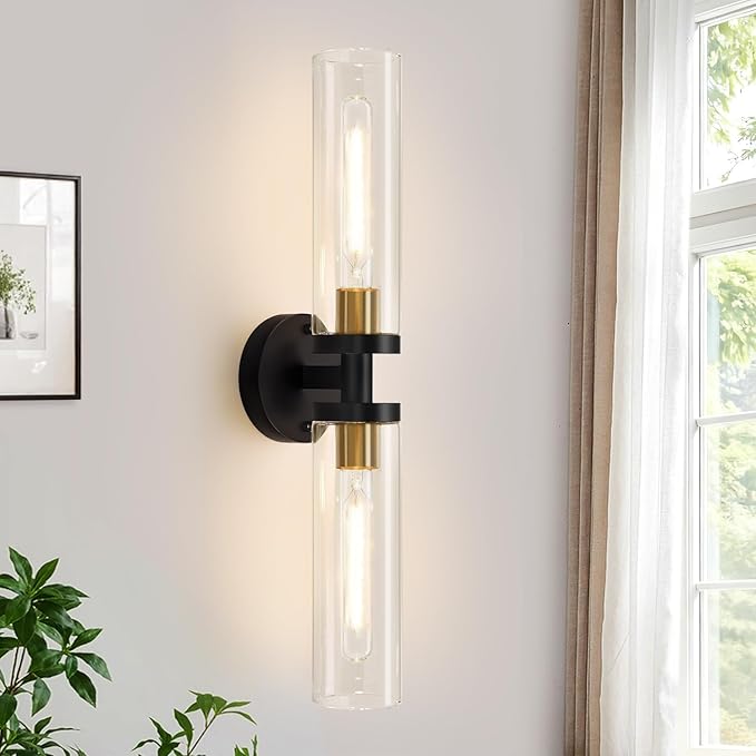 Black and Gold Wall Sconce, Bathroom Sconces Wall Lighting with Clear Glass, Modern Sconces Wall Light fixtures for Bathroom Mirror Living Room Hallway Bedroom