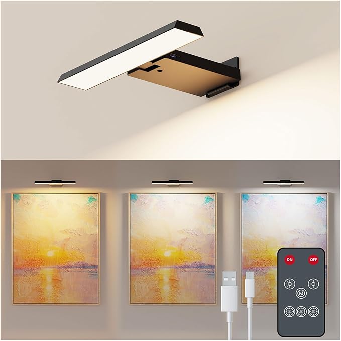 Koopala LED Picture Lights with 6000mAH Rechargeable Battery Powered, CRI≥95 Cordless Over Painting Wall Mounted Lamps with 5 Brightness,3 Color Temp, Dimmable Display Lights for Art Photo Dartboard