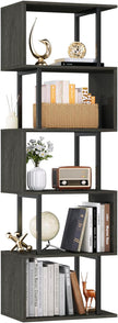 Furologee 6 Tier Bookshelf Tall Geometric Bookcase, S Shaped Industrial Display Standing Shelf, Metal and Wood Decorative Storage Room Divider Rack for Bedroom, Living Room, Office, Light Black Oak