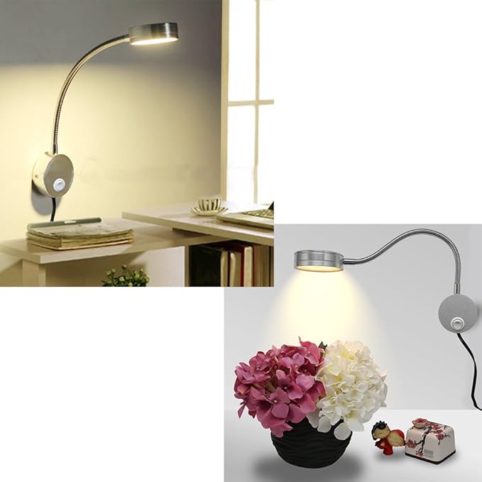 Youngine 5W Plug Wired Flexible Gooseneck Wall Sconce Reading Lamp Art Works Show Accent Light Wall Mount Spot Lamp Fixture with On/off Switch (Round Silver-Warm White)