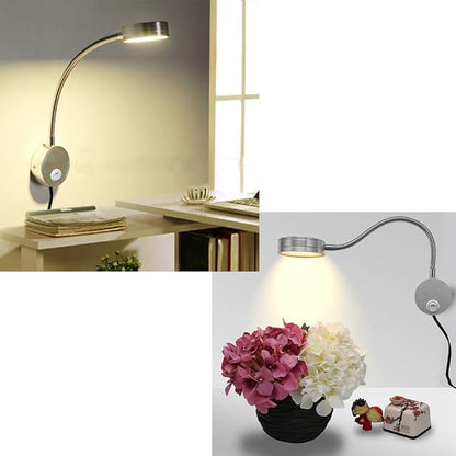 Youngine 5W Plug Wired Flexible Gooseneck Wall Sconce Reading Lamp Art Works Show Accent Light Wall Mount Spot Lamp Fixture with On/off Switch (Round Silver-Warm White)