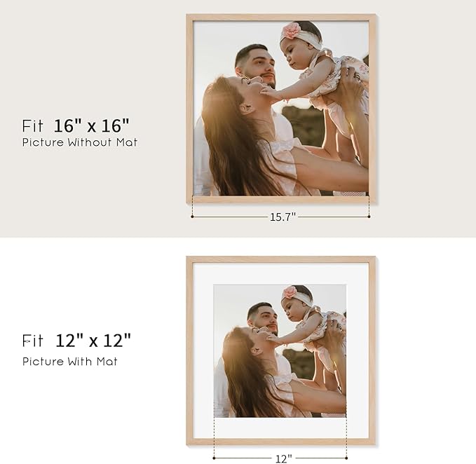 puthiac 16x16 Solid Oak Wood Picture Frame, Fits 12x12 with Mat or 16x16 Without Mat, Wall Display Only, Plexi Front, 3 Pack, Natural Oak