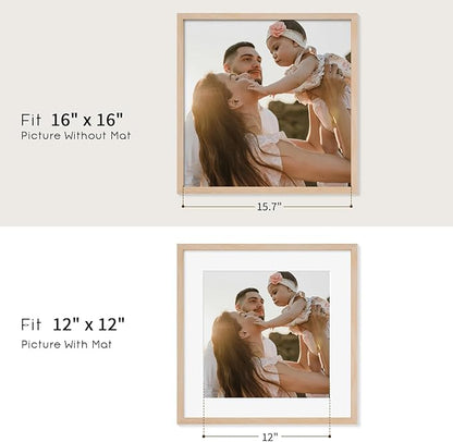 puthiac 16x16 Solid Oak Wood Picture Frame, Fits 12x12 with Mat or 16x16 Without Mat, Wall Display Only, Plexi Front, 3 Pack, Natural Oak