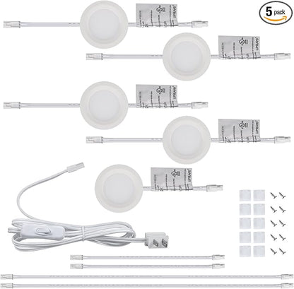 LUMILAND Wired LED Puck Lights (2.7Wx5) Plug-in Lighting Natural White (4000K), LED Cabinet Light for Kitchen Can Be Surface Mount or Recess Mount, White
