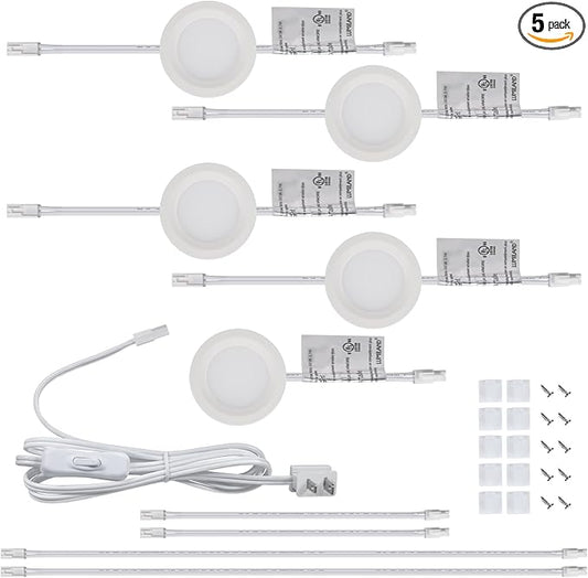 LUMILAND Wired LED Puck Lights (2.7Wx5) Plug-in Lighting Natural White (4000K), LED Cabinet Light for Kitchen Can Be Surface Mount or Recess Mount, White