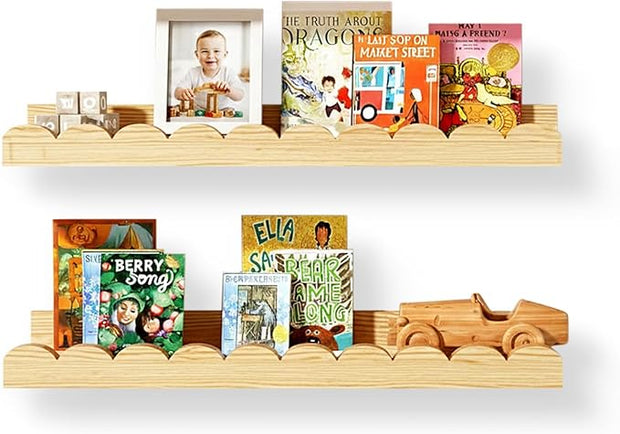 Nursery Floating Shelves for Kids Room, 2 Pack 23.6 Inch Natural Wood Wall Shelves with Scalloped Edge, Kids Bookshelves for Toddler Bedroom, Playroom, Baby Nursery Decor