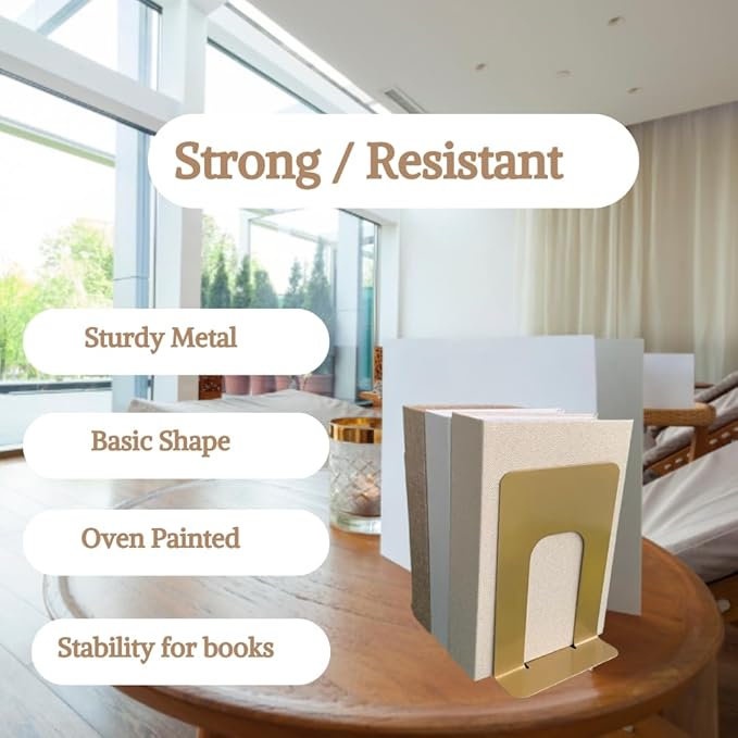 Alessk 8 Pieces Gold Bookends for Shelves, Heavy Duty Metal Bookends Supports Heavy Books, Decorative Gold Stops for Home or Office Decoration - 4 Pairs.