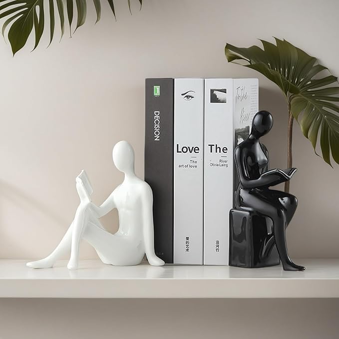Home Decorative Reading Couple Statue Bookends Elegant Ceramic Bookshelf Room Office Desk Decor,Paper Weights, Book Ends,Bookend Supports, Book Stoppers, Set of 2 (Black and White)