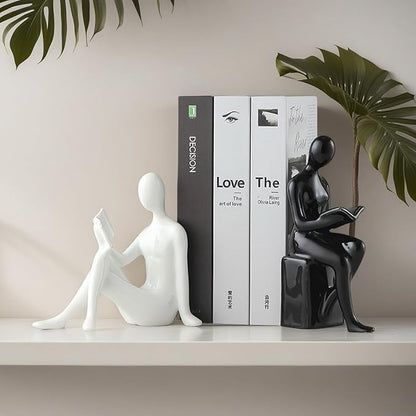 Home Decorative Reading Couple Statue Bookends Elegant Ceramic Bookshelf Room Office Desk Decor,Paper Weights, Book Ends,Bookend Supports, Book Stoppers, Set of 2 (Black and White)