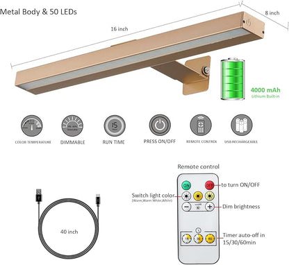 Wireless LED Picture Light with Remote,16in Metal Rechargeable Art Light Display Lamp,Dimmable and Timer Picture Lights for Paintings,3 Modes,Dartboard Light for Frame Picture Gallery Portrait
