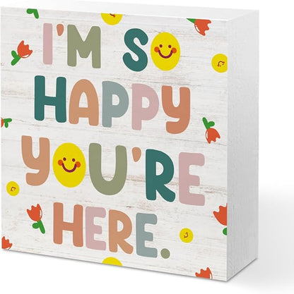 Classroom Decor Wooden Box Sign, inspirational Wood Box Sign, Inspirational Gifts Desk Decor Signs For Classroom, I Am So Happy You’re Here Boho Positive Decorative Signs