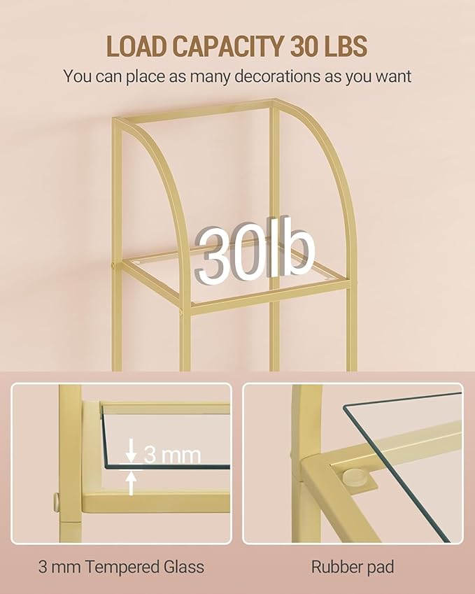 Bookcase Bookshelf, Tempered Glass Arched Bookshelf for More Storage, Slim Shelving Unit for Bedroom, Bathroom, Home Office, Steel Frame, 6 Tier Gold BC20699G