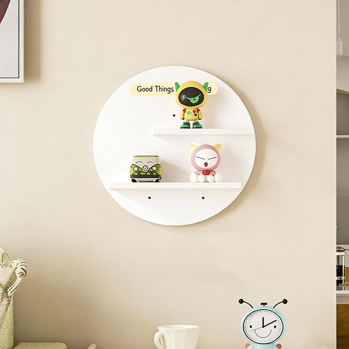 Round Wall Mounted Floating Shelves, 2-Tier Decorative Display Shelf with Customizable Message Board, Minimalist Wall Shelf for Candles, Plants, Small Decor (White)