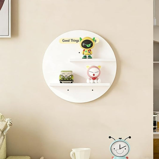 Round Wall Mounted Floating Shelves, 2-Tier Decorative Display Shelf with Customizable Message Board, Minimalist Wall Shelf for Candles, Plants, Small Decor (White)