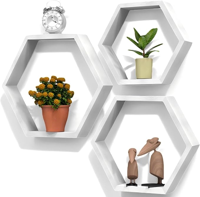 CADUKE Hexagon Floating Shelves Set of 3, White Wooden Hexagon Shelves for Wall Decor, Modern Honeycomb Floating Hanging Shelf, Decorative Wall Organizer for Living Room, Bedroom, Bathroom